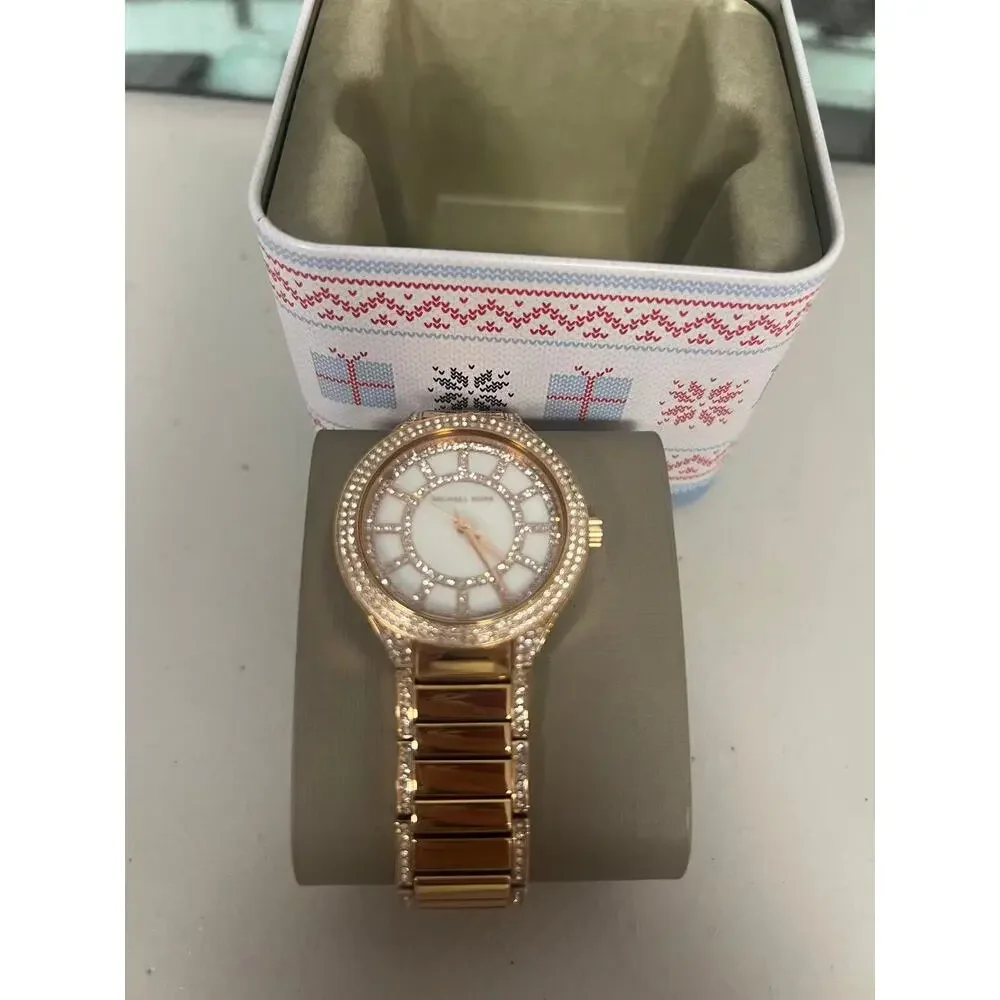 Michael Kors MK3313 Womens Gold Crystal Watch White MOP Dial Stainless Steel